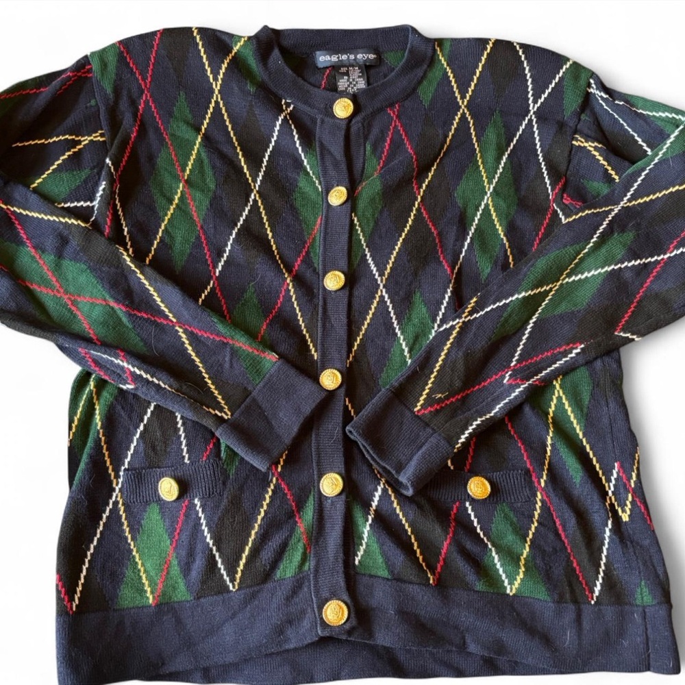 Classic Vintage Argyle Cardigan Sweater - Navy and Green